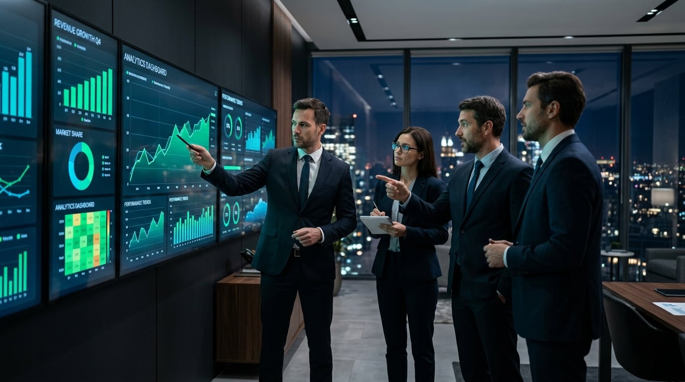 Risk management professionals analyzing sports betting data in a modern office